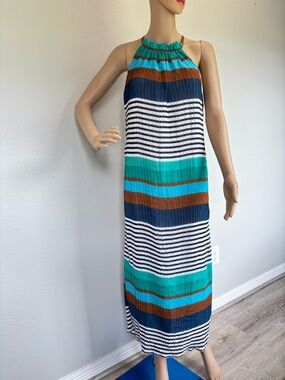 Vasna Desire Striped Halter Maxi Dress in Teal, Navy & Brown NWT